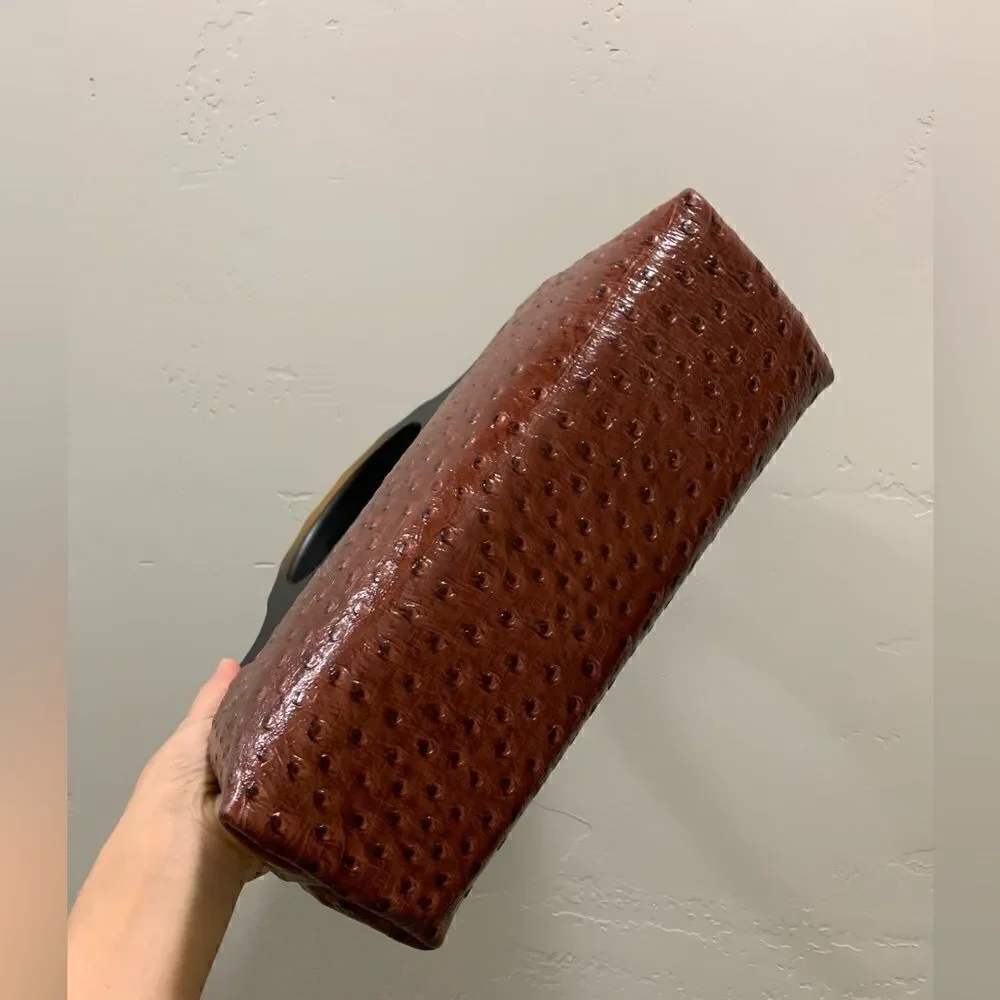 Handmade Genuine Ostrich Textured Cowhide, Wooden Frame Top Handle Satchel